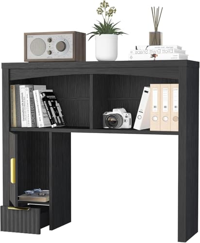 Image of Desk Hutch Shelf, Desktop Shelf Organizer 37 inch Wide Desktop Bookshelf 2-Tier Wood Hutch Bookcase Organizer with Drawer Dorm Table Shelves Desk Shelves Office Bookshelf with Storage-Black