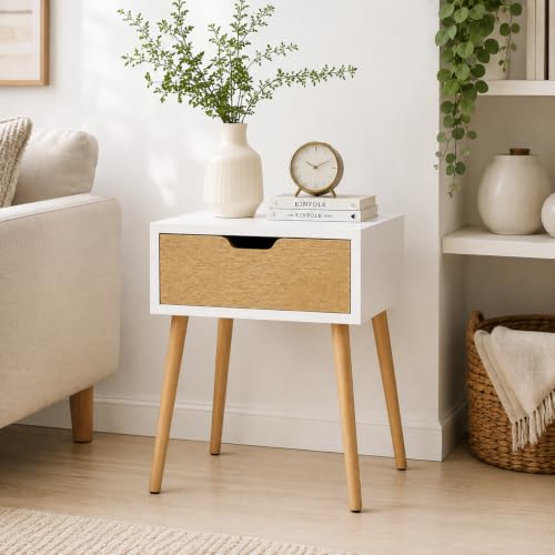 Modern White Bedside Table with 2 Drawers & Wooden Legs | Compact...
