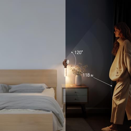 Image of Rechargeable Motion Sensor Wall Sconce, Walnut Wood, 4 Pack | Four magnetic peel-and-stick indoor night lights for coordinated hallways, stairs, bathrooms, bedrooms, and closets