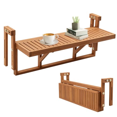 VINGLI 48in Acacia Wood Folding Balcony Hanging Table &ndash; Adjustable Height & Width...