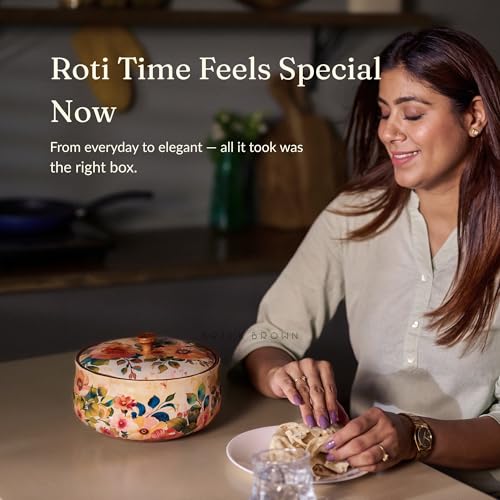 Brick Brown ® Handcrafted Enamel Coated Wooden Pastel Flora Roti Box | Chapati Box for Kitchen | Hot Pot Casserole for Roti Server Tableware Serving | Case Roti Dabba with Lid (8.5 × 8.5 × 5.5 Inch)