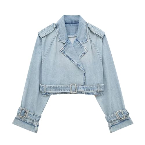 Women's Casual Lapel Short Denim Trench Jacket Cropped Pea Coat Crop Long Sleeve Jean Jackets Coats Outwear with Belt