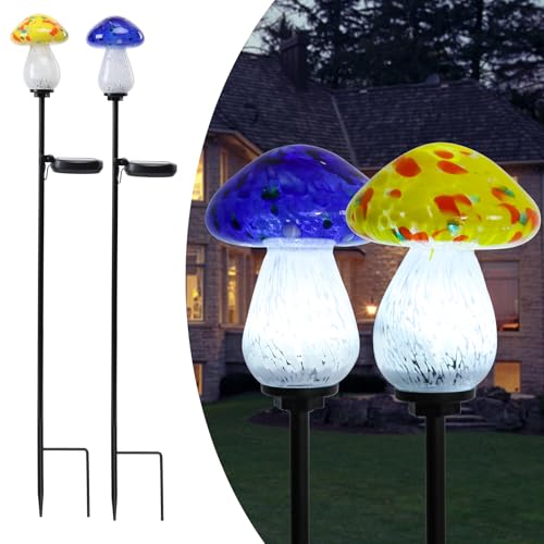 Afirst Solar Outdoor Lights Decorative Solar Glass Mushroom Lights Waterproof LED Waterproof Garden Stake Light for Walkway Pathway Lawn Patio Yard Decorations 2 Pack Yellow&Blue