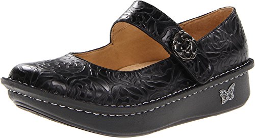 Alegria Women's Paloma Mary Jane Nurse Shoe Clog Comfort Leather Black Embossed Rose 9 M US