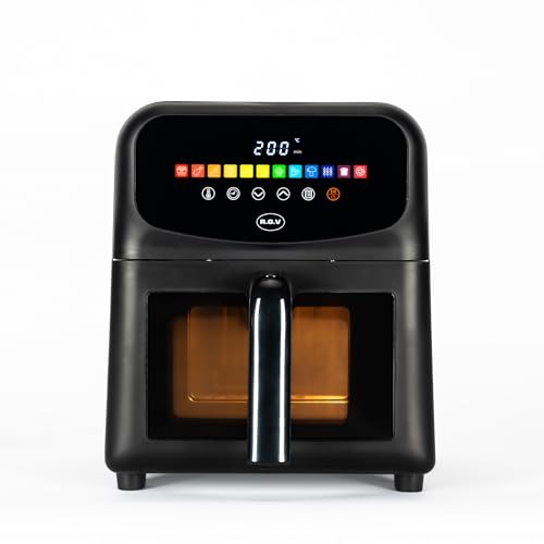 R.G.V. Friggitrice ad aria con finestra, 6 LT, 12 funzioni, 80% Meno Olio, 1700W, 60-200°C, Display digitale touch screen, cestello con doppio vetro, cottura sana e rapida, minor consumo, timer 90 min