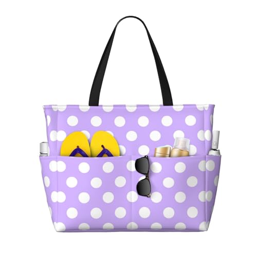 Large Beach Bags for Women Sandproof - Light purple polka dot print (G) Summer Travel Work Tote Bags with Zipper