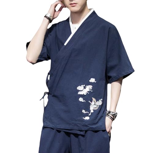 Chemise kimono japonaise homme avec nœud brodé et bouton croisé moderne