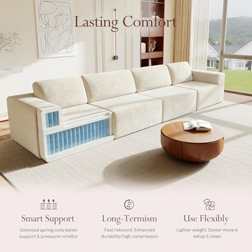 Image of Vesgantti 159 inch Modular Sectional Sofa, Corduroy Cloud Couch with Extra Deep Seats & Spring Support, Flexible Layout 4-Seater Boneless Couch, No Assembly Required, Beige