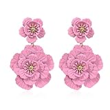 QIAOLEHUI Bohemian Daisy Flower Matte Floral Petal Drop Dangle Earrings Layered Tiered for Women Boho Wedding Jewelry (Pink)