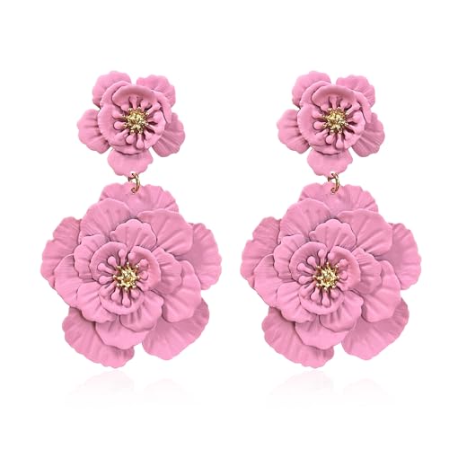 QIAOLEHUI Bohemian Daisy Flower Matte Floral Petal Drop Dangle Earrings Layered Tiered for Women Boho Wedding Jewelry (Pink)
