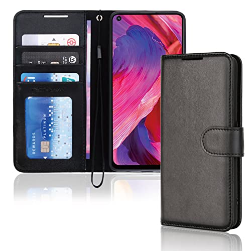 TECHGEAR Leather Wallet Case for Oppo A54 5G / Oppo A74 5G, Flip Protective Case Cover with Wallet Card Holder, Stand & Wrist Strap - Black PU Leather with Magnetic Closure