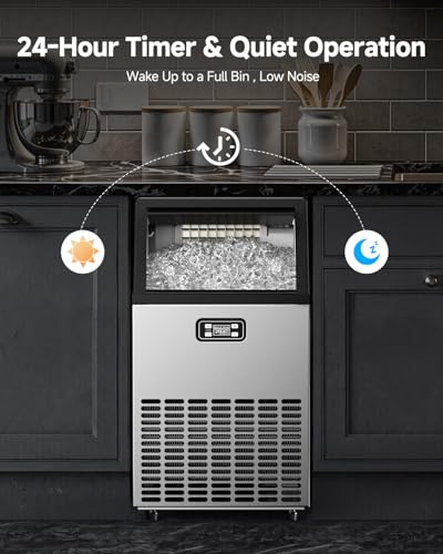 Image of Feelfunn Commercial Ice Maker Machine - 100LBS /24H, 33lbs Storage Capacity, Stainless Steel Freestanding & Under Counter Ice Maker with Self-Cleaning, 24H Timer, Ideal for Home Bar Office Restaurant