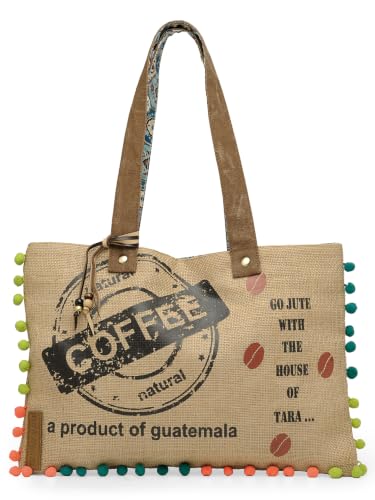 Image of The House of tara Jute Tote Handbag | Brown Beige Printed Shoulder Bag | Tassel Embellished | Magnetic Closure | Zipper Compartment | Casual Bag for College, Office & Daily Use | For Women