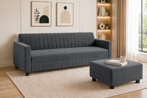 Image of Modern 3-Seater Velvet Sofa with Ottoman | Vertical Channel Tufted Backrest | Plush Cushioned Seating | Stylish Contemporary Sofa for Living Room, Bedroom & Office | Grey