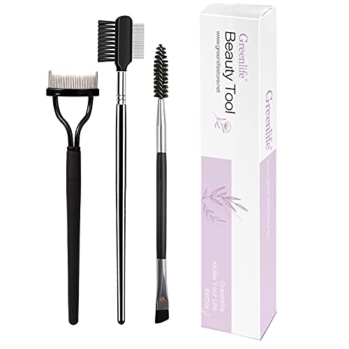 Greenlife 3Pcs Professional Eyelash Comb Lash Brush Duo Eyelash Brush Curlers Double-Ended Dual Eyebrow Brush Mascara Spoolie Separator Angled Brow Brush Steel Makeup Grooming Tool #TOP15