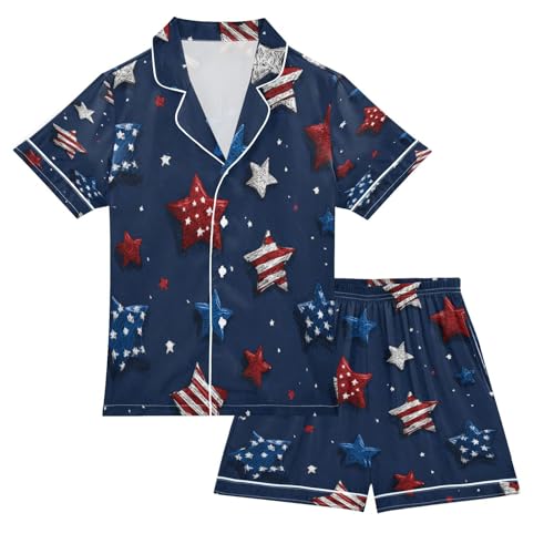 Satin Pajama Sets Short Sleeve Patriotic White and Blue Stars Button Down Silky Nightwear 2 Piece PJS 5-14Y