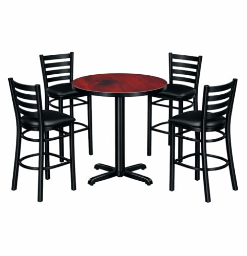 Kratos Commercial 30" Round Cherry/Black Laminate Table Set with X-Base and 4 Ladder Back Metal Barstools and Black Seat | Restaurants, Bars, Dining Halls | - (32Q-088)