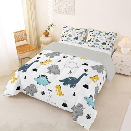 Image of Feelyou Dinosaur Bedding Set Soft for Boys Girls, Cartoon Dino Comforter Set Full Size Boho Exotic Style Duvet Quilt Microfiber 3D Wild Animal Pattern Bedroom Decor 3 Pcs with 2 Pillow Cases