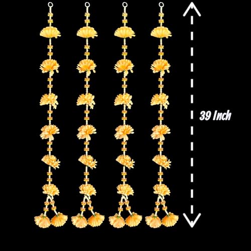 Image of Rajasthan Kraft Set of 4 Yellow Floral Strings (39 Inch) ? Artificial Flower & Crystal Bead Hangings for Home, Balcony & Festive Decor ? Traditional Indian Latkan for Housewarming, Pooja & Weddings