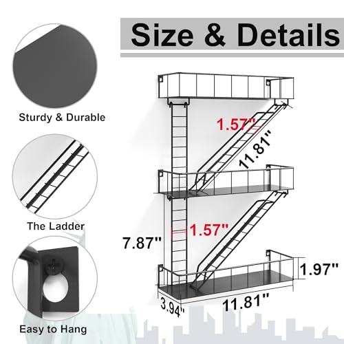 Image of Black Metal Fire Escape Wall Shelf, Unique Decorative Shelves for Wall, New York Shelf Ladder Storage, Funky Knick Knack Shelf Organizer, Industrial Wall Shelves for Bathroom,Living Room