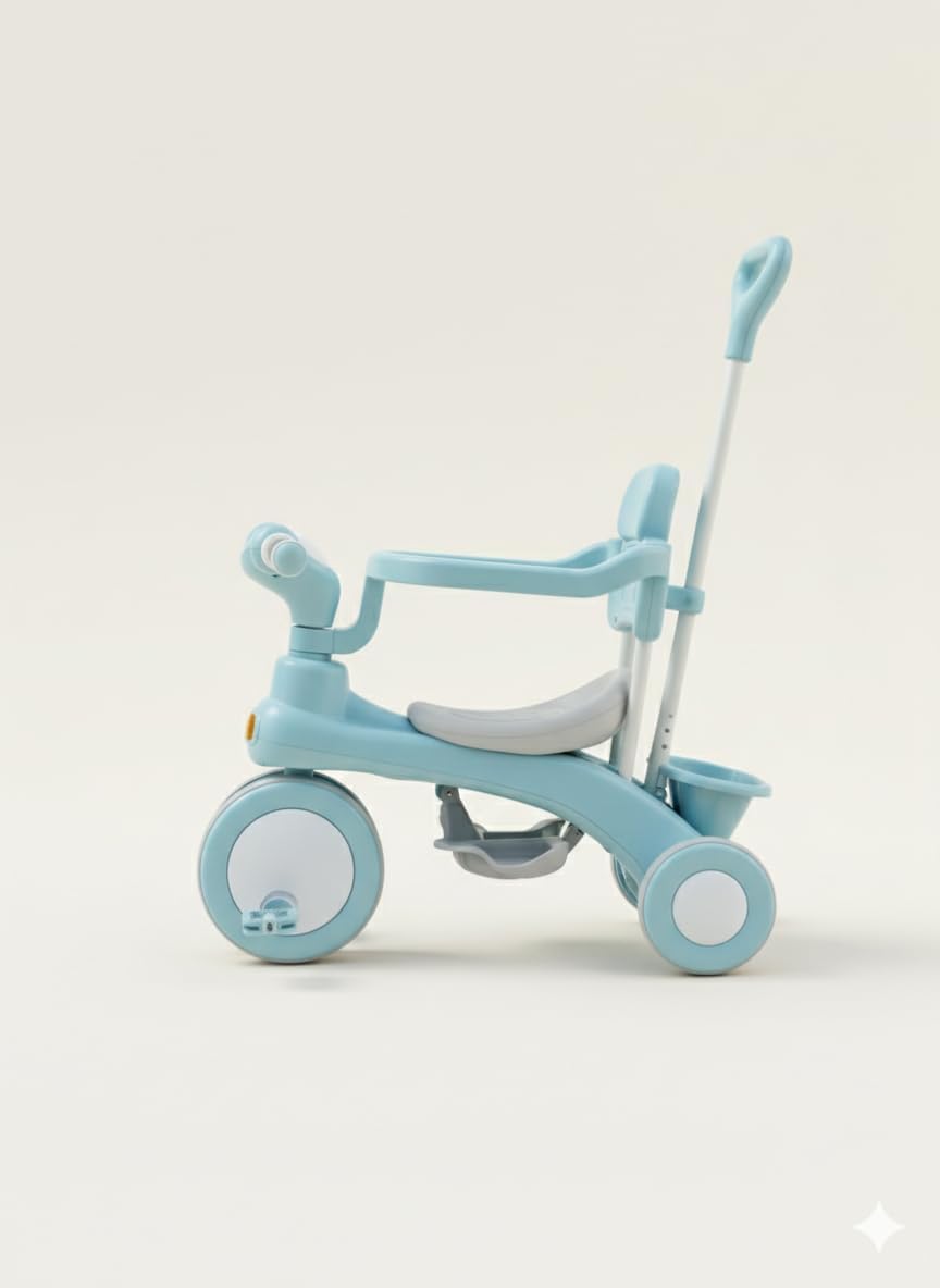 Kids Tricycle with Push Handle, Blue, Adjustable, with Seat and Backrest