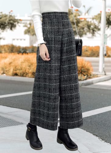 chouyatou Women's Winter High Waist Wide Leg Plaid Wool Blend Palazzo Capri Pants Culottes with Pockets2