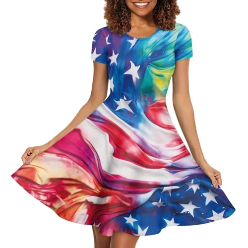 Image of POLERO Women Puffy Swing Elegant Party Midi Dresses Short Sleeve Round Neck A-Line Dress