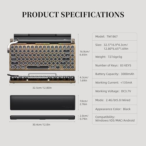 Image of 7KEYS Typewriter Keyboard Wireless Retro Style, Vintage Classical Mechanical Keyboard with Bluetooth for IPAD PC /Laptop Mac /Phone (Wood+Wrist)