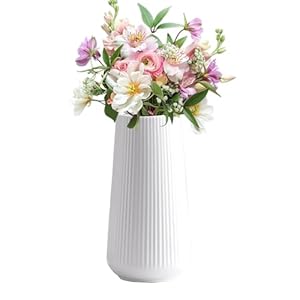 White Ceramic Ribbed Vases Simple Nordic Style Decorative Flowers Vase for Pampas Grass Geometric Design Dried Flowers Ceramic Vases for Wedding Home Decor Table Centerpieces 8 Inch / 20Cm