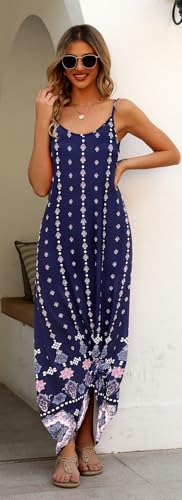Image of Supnier Women's Summer Maxi Dress Casual V-Neck Sleeveless Bohemian Spaghetti Strap Floral Long Maxi Dress with Pockets