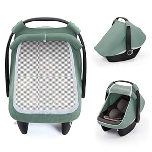 Blissful Diary Baby Car Seat Cover, Extra Large Mesh Window, Breathable Muslin Cotton, Infant Windproof Canopy, Must-Have Baby Gift – Roman Green