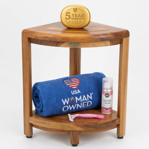 DecoTeak Teak Corner Shower Shelf 2 Tier Waterproof Bathroom Storage Organizer Compact Wood Storage | Water-Resistant Design | Space Saver for Showers & Small Bathrooms | Shaving Foot Rest