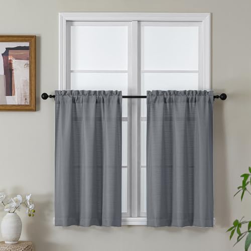 Gwine Dark Grey Kitchen Curtains 36 Inch Length, Light Filtering Faux Linen Textured Small Half Window Curtains Over Sink, Rod Pocket Short Curtain for Bathroom Basement RV Camper, Each 30' Wx36 L