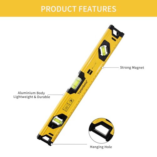 Image of Aluminium Alloy Spirit Level 400 mm /16 Inch Shock Proof Torpedo Level with Magnetic Base and 3 Bubble 45,90,180 - Yellow /Black