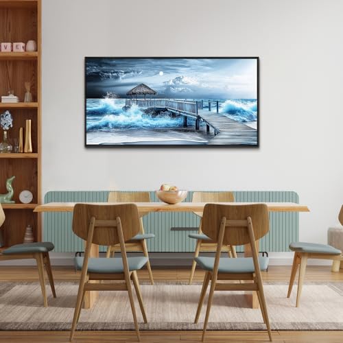 ERQINHUA Wall Decor For Living Room Canvas Wall Art For Bedroom Office Blue Wave Landscape Painting Black Frame Murals Artwork For Modern Stretched and Framed Beach Posters Home Decor 20"X40"
