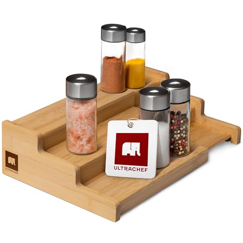 ULTRACHEF Organizador de Alacena Expandible para Especias, Latas y Frascos. 3 Niveles. 100% Madera de Bambú. Repisa de Almacenamiento para Despensa, Cocina, Multiusos.