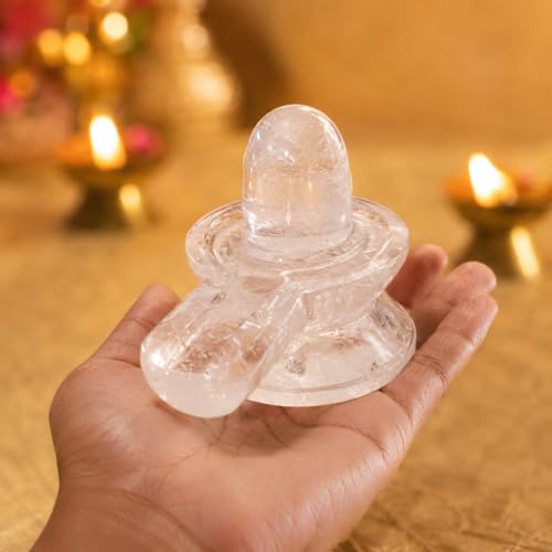 Image of Original Natural Sphatik Carat (Ct) Shivling Yoni Base (Jalhari) | Spatika Lingam Jaladhari | Clear Quartz Crystal Shiva Lingam Abhishekam, Pooja Meditation | Vastu Spiritual Idol (450 Grams)