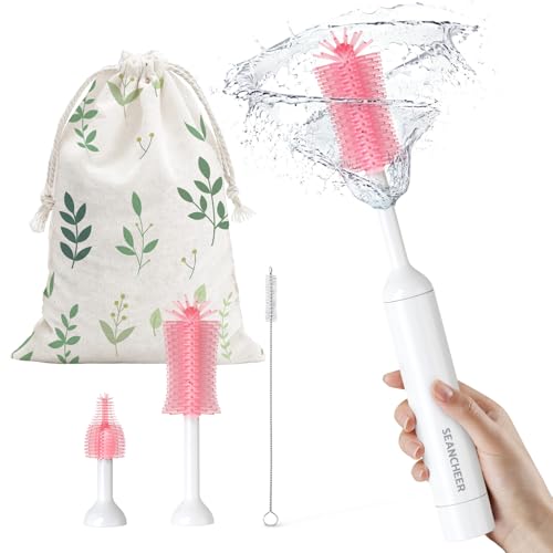 Image of SEANCHEER S02 Electric Bottle Brush Set, Portable Baby Bottle Brush Cleaner, AA Battery-Powered & IPX7 Waterproof, with Silicone Bottle/Nipple/Straw Brush, for Home & Travel (Pink)