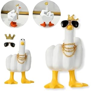 Funny Little Resin Duck Figurine Ornament Decor,Novelty Finger Duck Statue Craft Decoration Sculpture with Sunglasses Necklace for Office Home Desktop Living Room,BedroomOutdoor Indoor Decor (White)