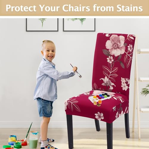Image of SearchI Dining Room Chair Covers Slipcovers Set of 4, Spandex Super Fit Stretch Removable Washable Kitchen Parsons Chair Covers Protector for Dining Room,Hotel,Ceremony,Red+Flowers