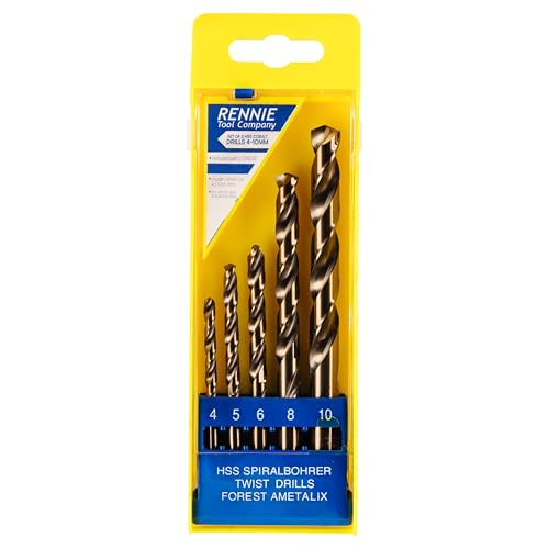 Rennie Tool Company 4-10mm HSS Cobalt Drill Bit Set With Plastic Case - Drill Bits Set of 5 Pieces for Stainless Steel Aluminium Hards Metals Cast Iron Plastic & Wood