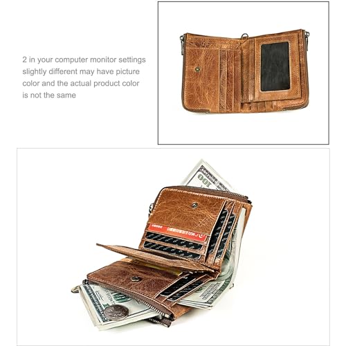 small womens wallet Leathear Chain Compact Card Holder Zipper Pocket Wallet RFID Blocking Card Case Purse with ID Window(brown5)3