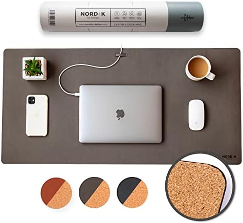Nordik Cork Leather Desk Mat Cable Organizer (Gunmetal Grey 35 X 17 inch) Premium Extended Mouse Mat for Home Office Accessories - Non-Slip Vegan Leather Desk Pad Protector & Desk Blotter Pad