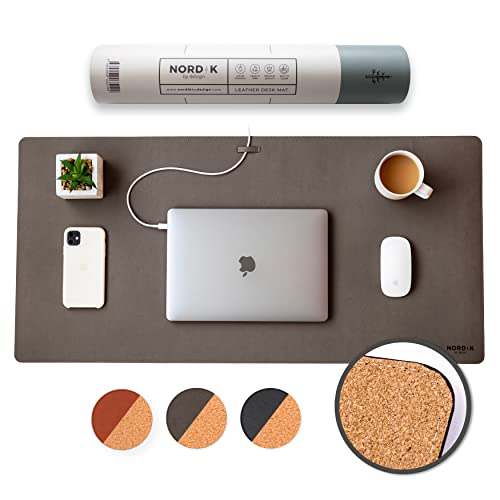 Image of Nordik Leather Desk Mat - Cork Gunmetal Gray - Leather Desk Pad 35x17 in | Premium Vegan Leather Desk Pad with Cable Organizer for Office, Extended Waterproof Mouse Mat, Non-Slip Desk Pad Protector