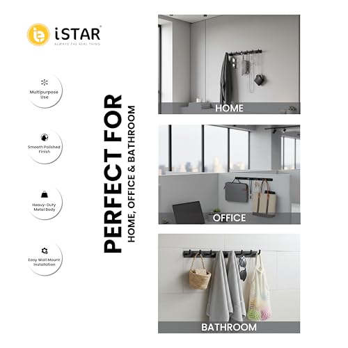 Image of iSTAR Stainless Steel 8 Pin Bathroom Cloth Hooks Hanger Door Bathroom Robe Hooks Rail for Hanging Keys,Clothes,Towel Steel Hook (Black) (Pack of 1)