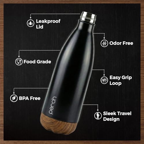 Image of Perch Retro Stainless Steel Water Bottle 980 ml | Hot & Cold Flask | Vacuum Insulated | ISI Certified | Leak Proof | BPA Free | for Office, School, Gym, Home & Travel | Wooden Black | Crafted by Pexpo