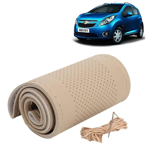Image of KINGSWAY PU Leatherite Car Steering Cover Sewable Compatible with Chevrolet Beat (Year 2009-2017), Beige Color with Beige Thread, Pack of 1 with Sewing Needle and Thread