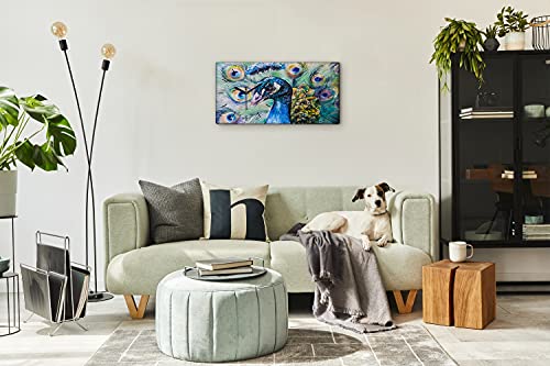 Horloge sur Toile Peacock 60x30cm - Cadre Décoratif Animal de Pétrole - 5
