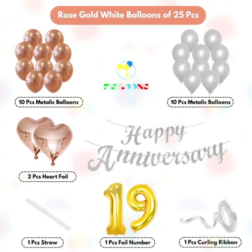 Image of Flyloons 19th Happy Anniversary Decoration Items Rose Gold White for Men Women Husband Wife Mom Dad Parent Couple Home Bedroom Car With 20 Pcs Metallic Balloons Anniversary Banner 2 Pcs Heart Set Kit