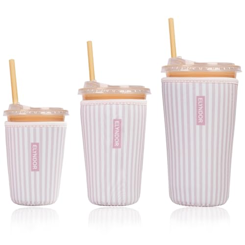 Image of Reusable Insulated Sleeve for Iced Coffee Cup, 3-Pack Coffee Neoprene Drink Sleeve for Cold & Hot Drinks, Beverage Holder for Iced Coffee (Pink Stripes)